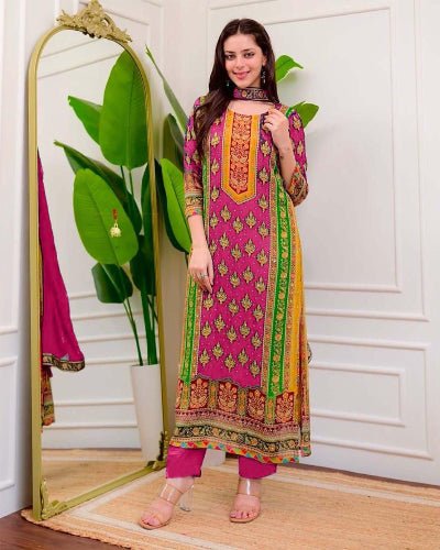 Dark Pink Plus Size Maslin Digital Print Salwar Suit Set - BONYHUBSALWAR KAMEEZ