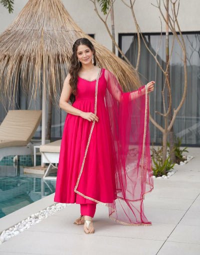 Dark Pink Roman Silk Chanderi Anarkali Suit Set - BONYHUBSALWAR KAMEEZ