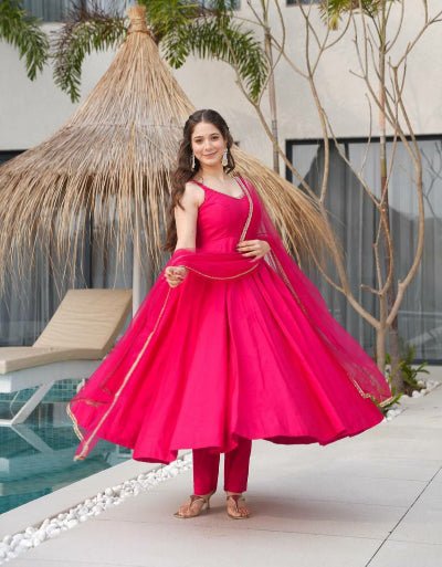 Dark Pink Roman Silk Chanderi Anarkali Suit Set - BONYHUBSALWAR KAMEEZ