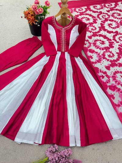 Dark Pink &amp; White Roman Silk Embroidered Anarkali Suit - BONYHUBSALWAR KAMEEZ