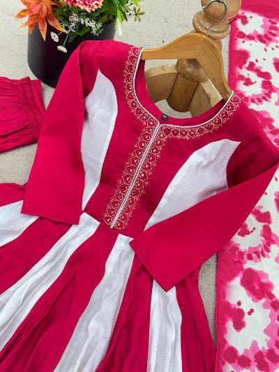 Dark Pink &amp; White Roman Silk Embroidered Anarkali Suit - BONYHUBSALWAR KAMEEZ