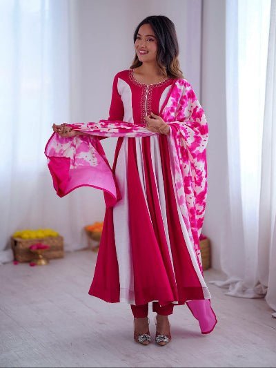 Dark Pink &amp; White Roman Silk Embroidered Anarkali Suit - BONYHUBSALWAR KAMEEZ