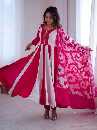 Dark Pink &amp; White Roman Silk Embroidered Anarkali Suit - BONYHUBSALWAR KAMEEZ