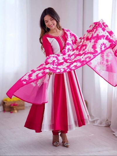 Dark Pink &amp; White Roman Silk Embroidered Anarkali Suit - BONYHUBSALWAR KAMEEZ