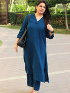 Peacock Blue Plain Cotton Kurti Pant Set Of 2 - BONYHUBSALWAR KAMEEZ