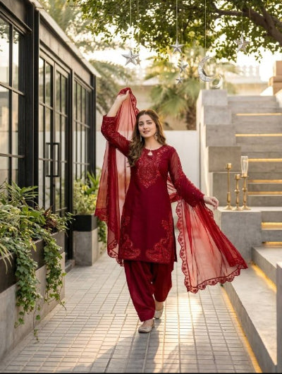 Deep Red Embroidered Farshi Suit Set