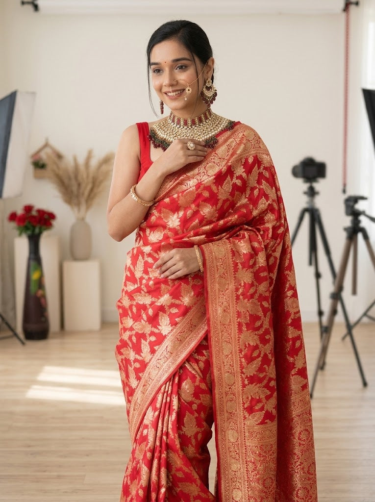 Red Benarasi Readymade Sari with Unstitched Blouse Piece UK Next Day