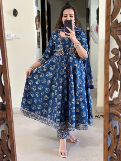 Blue Cotton Angharakha Style Anarkali Suit - BONYHUBSALWAR KAMEEZ