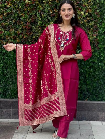Deep Cherry Red Roman Silk Straight Suit Set - BONYHUBSALWAR KAMEEZ