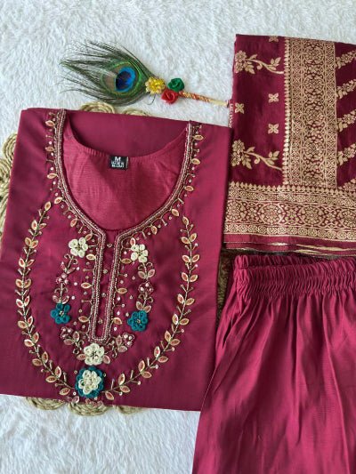 Deep Cherry Red Roman Silk Straight Suit Set - BONYHUBSALWAR KAMEEZ