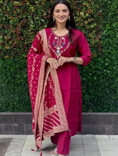 Deep Cherry Red Roman Silk Straight Suit Set - BONYHUBSALWAR KAMEEZ