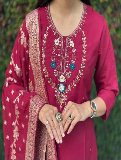 Deep Cherry Red Roman Silk Straight Suit Set - BONYHUBSALWAR KAMEEZ