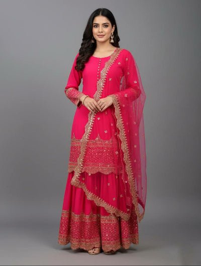 Deep Fuchsia Pink Georgette Sharara Suit - BONYHUBSALWAR KAMEEZ