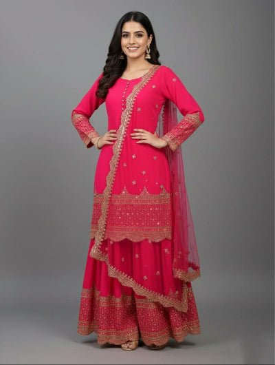 Deep Fuchsia Pink Georgette Sharara Suit - BONYHUBSALWAR KAMEEZ