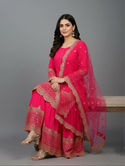Deep Fuchsia Pink Georgette Sharara Suit - BONYHUBSALWAR KAMEEZ