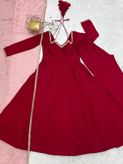 Deep Maroon Roman Silk Chanderi Full Sleeves Anarkali Suit - BONYHUBSALWAR KAMEEZ