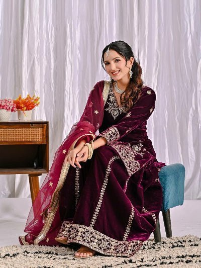 Deep Maroon Velvet Embroidery Work Full Sleeves Sharara Set - BONYHUBSALWAR KAMEEZ