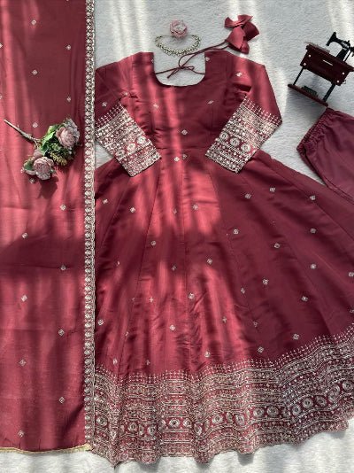 Deep Mauve Dusty Chanderi Silk Anarkali Suit - BONYHUBSALWAR KAMEEZ