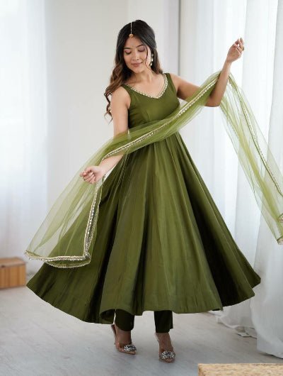 Deep Olive Green Roman Silk Chanderi Anarkali Suit Set - BONYHUBSALWAR KAMEEZ