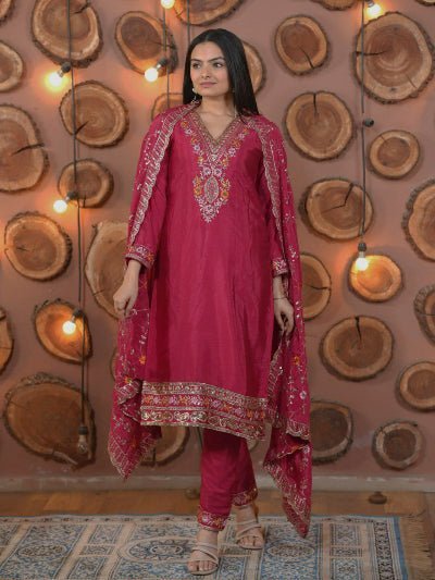 Deep Pink Chinon Silk Embroidery Straight Suit Set - BONYHUBSALWAR KAMEEZ