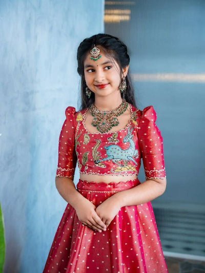 Deep Pinkish Red Kids Printed Chinon Silk Lehenga Choli Set - BONYHUBLehangas