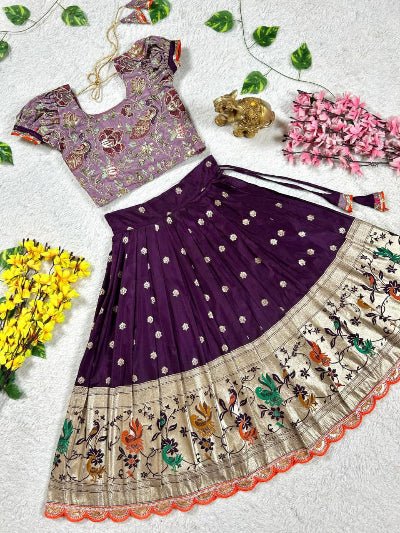 Deep Plum Kids Peacock Zari Lehenga Set - BONYHUBLehangas
