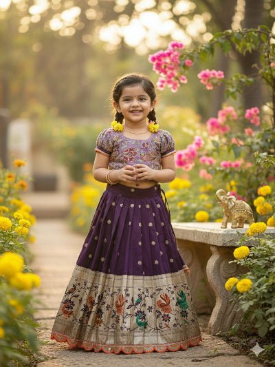 Deep Plum Kids Peacock Zari Lehenga Set - BONYHUBLehangas