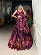 Deep Plum Tussar Silk Floral Print Lehenga Choli Set - BONYHUBSALWAR KAMEEZ