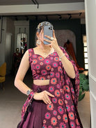 Deep Plum Tussar Silk Floral Print Lehenga Choli Set - BONYHUBSALWAR KAMEEZ