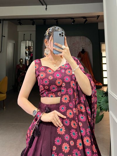 Deep Plum Tussar Silk Floral Print Lehenga Choli Set - BONYHUBSALWAR KAMEEZ