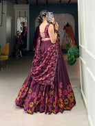 Deep Plum Tussar Silk Floral Print Lehenga Choli Set - BONYHUBSALWAR KAMEEZ