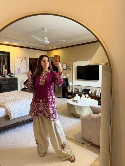 Deep Purple Cream Embroidered Top Farshi Salwar Set Of 2 - BONYHUBSALWAR KAMEEZ