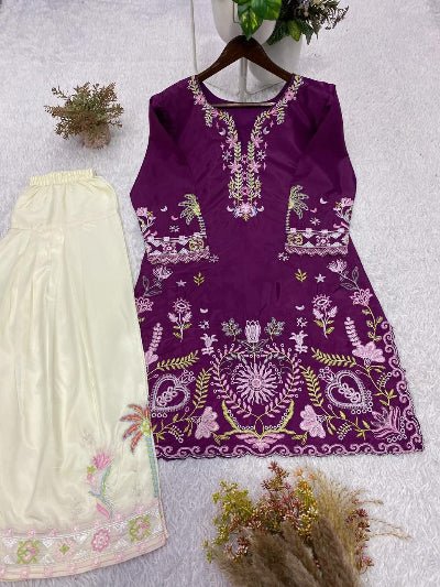 Deep Purple Cream Embroidered Top Farshi Salwar Set Of 2 - BONYHUBSALWAR KAMEEZ