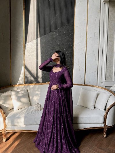 Deep Purple Georgette Embroidered Gown Dupatta Set Of 2 - BONYHUBSALWAR KAMEEZ
