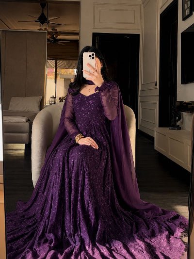 Deep Purple Georgette Embroidered Gown Dupatta Set Of 2 - BONYHUBSALWAR KAMEEZ