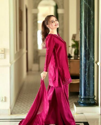 Magenta Pink Crepe Silk Farshi Suit Set - BONYHUBSALWAR KAMEEZ