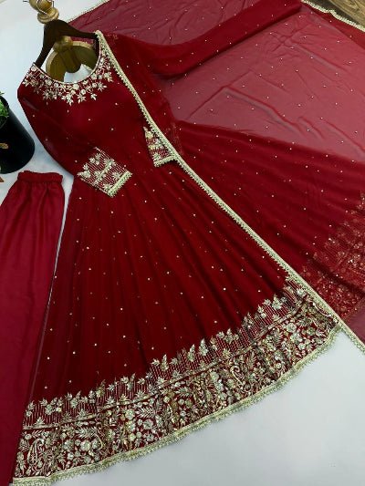 Deep Red Embroidered Anarkali Suit Set for Women - BONYHUBSALWAR KAMEEZ