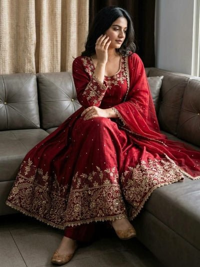Deep Red Embroidered Anarkali Suit Set for Women - BONYHUBSALWAR KAMEEZ
