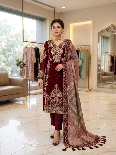 Deep Red Georgette Gold Embroidered Straight Suit Set - BONYHUBSALWAR KAMEEZ