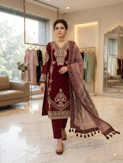 Deep Red Georgette Gold Embroidered Straight Suit Set - BONYHUBSALWAR KAMEEZ