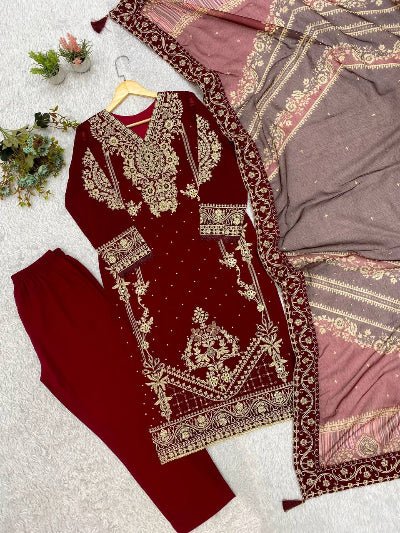 Deep Red Georgette Gold Embroidered Straight Suit Set - BONYHUBSALWAR KAMEEZ