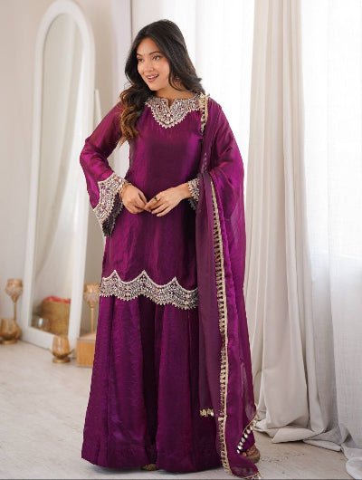 Deep Wine Mirror Work Short Kurti Sharara Suit Set UK Asian Wear - BONYHUBSALWAR KAMEEZ