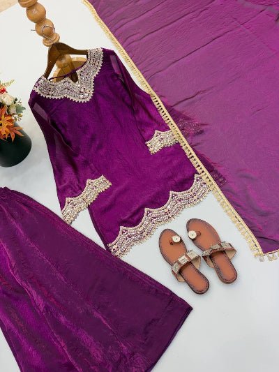 Deep Wine Mirror Work Short Kurti Sharara Suit Set UK Asian Wear - BONYHUBSALWAR KAMEEZ