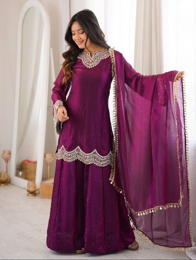 Deep Wine Mirror Work Short Kurti Sharara Suit Set UK Asian Wear - BONYHUBSALWAR KAMEEZ