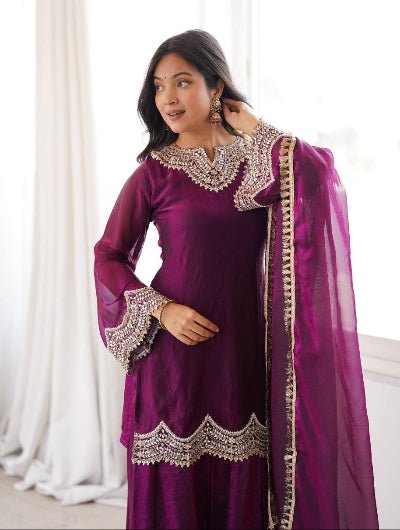 Deep Wine Mirror Work Short Kurti Sharara Suit Set UK Asian Wear - BONYHUBSALWAR KAMEEZ