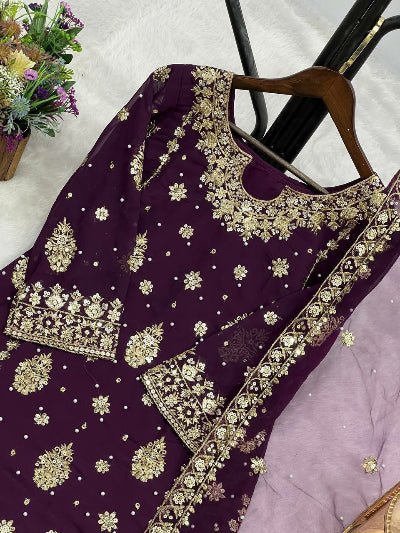 Deep Wine Sequins Work Wedding Wear Straight Suit Set - BONYHUBSALWAR KAMEEZ
