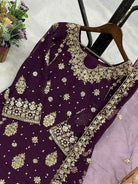 Deep Wine Sequins Work Wedding Wear Straight Suit Set - BONYHUBSALWAR KAMEEZ
