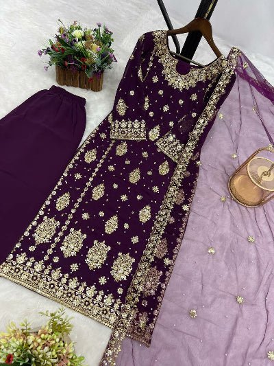 Deep Wine Sequins Work Wedding Wear Straight Suit Set - BONYHUBSALWAR KAMEEZ