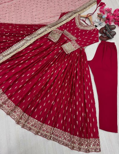 Designer Chinon Silk Embroidered Anarkali Suit Set - BONYHUBSALWAR KAMEEZ