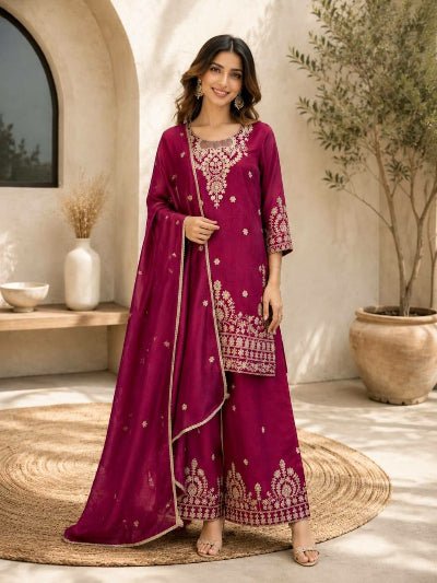 Designer Embroidered Vichitra Silk Palazzo Suit- 2 Colours - BONYHUBSALWAR KAMEEZ